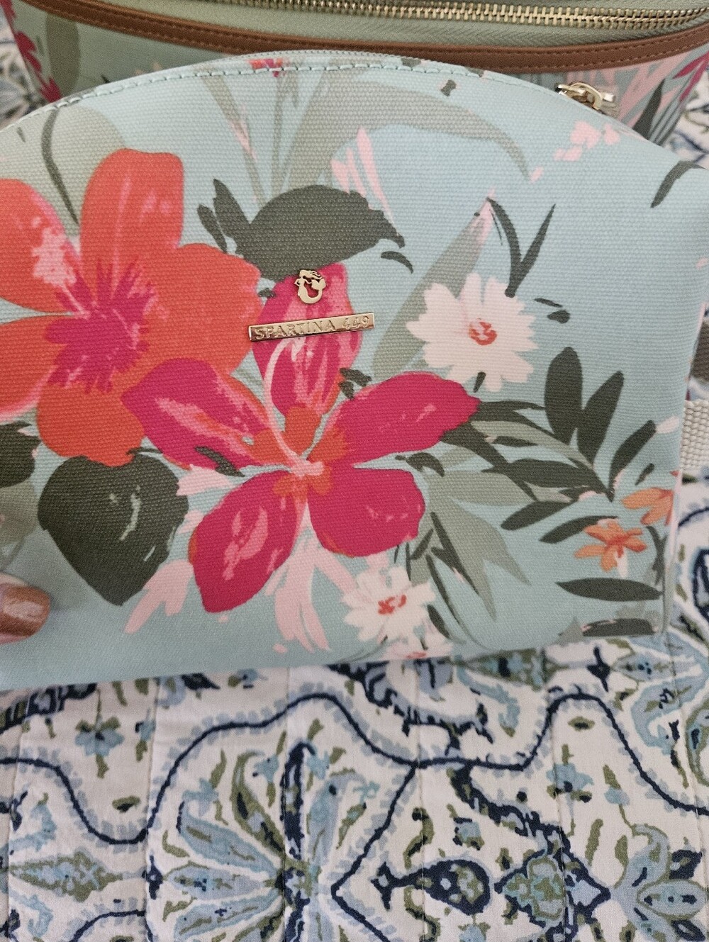 Spartina 449 Aqua Floral Zip Cosmetic Pouch In  Seafoam - New Without Tag